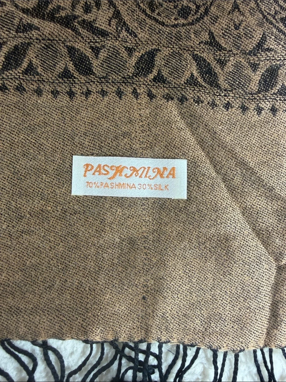 pashmina Tan and Black Paisley Fringe Wrap 228